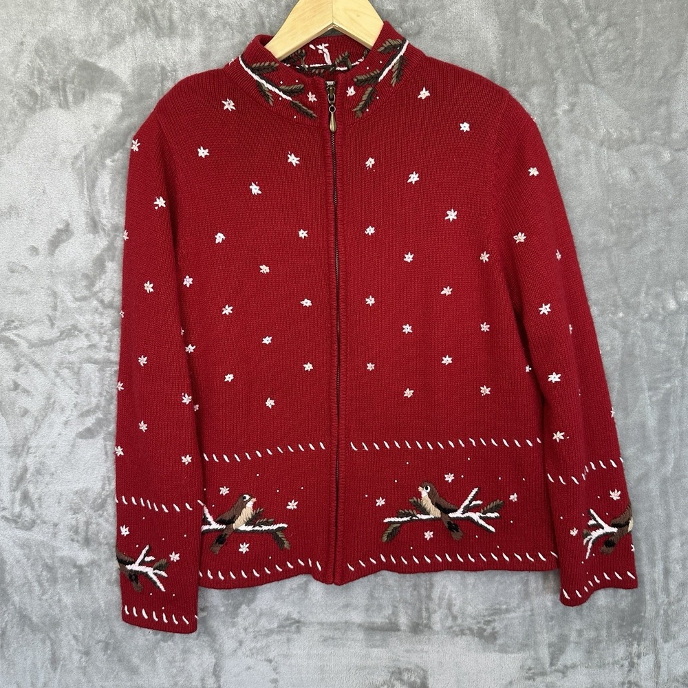 Christopher Banks Holiday Sweater Womens Size L Red Christmas Bird Embroidered‎